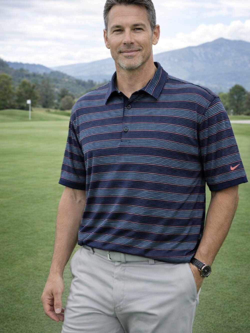 Nike Golf Dri Fit Performance UV Blue Stripe Polo